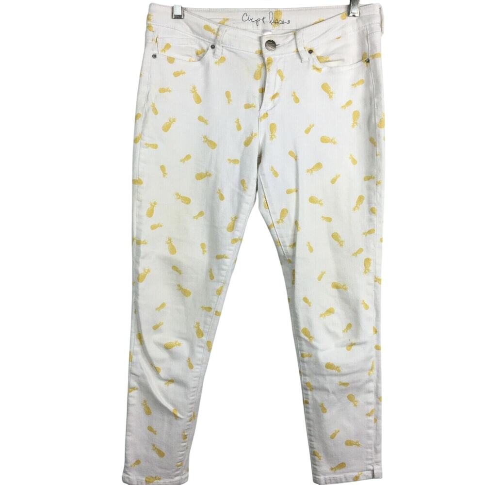Chip & Pepper Pants Womens Sz‎ 29 White Yellow Pineapple Print Skinny Ankle